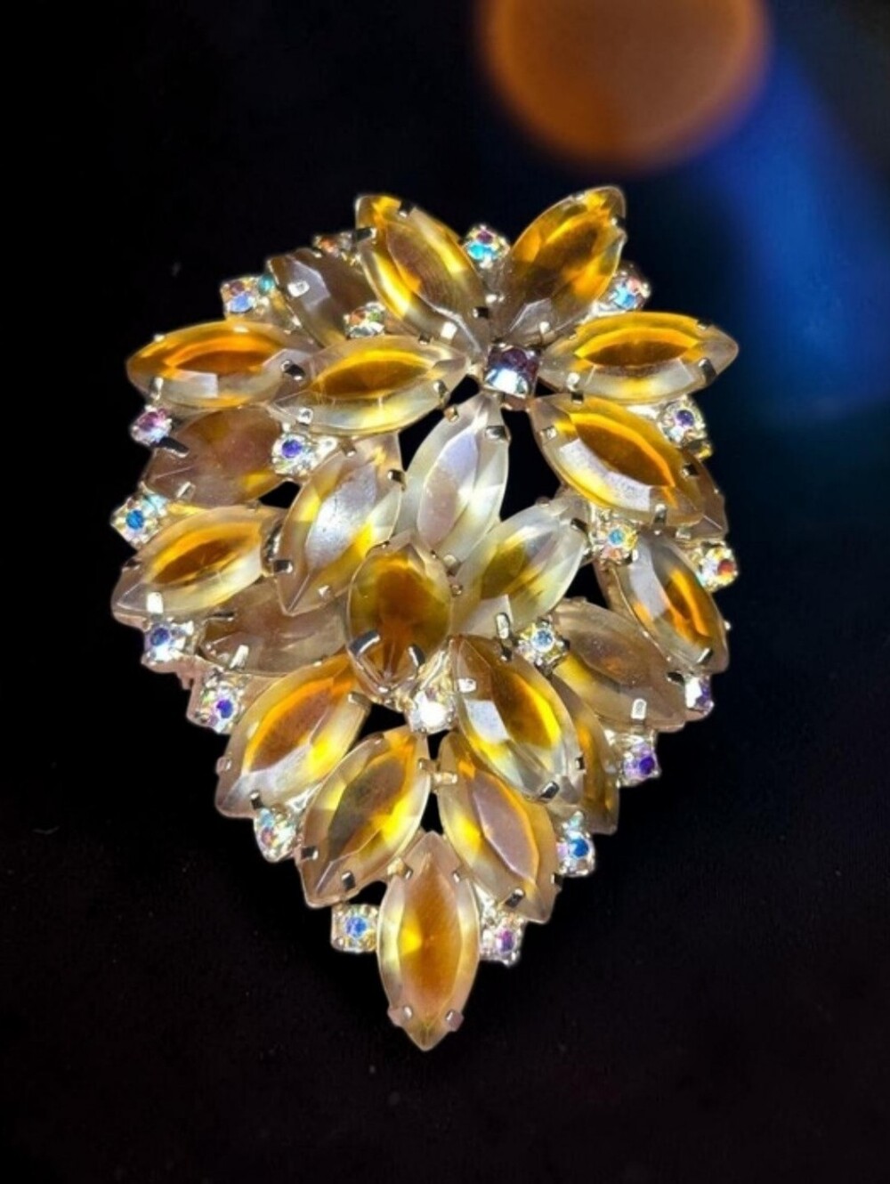 Vintage Mid-Century Tiered Amber Molded Art Glass & AB Rhinestone Brooch